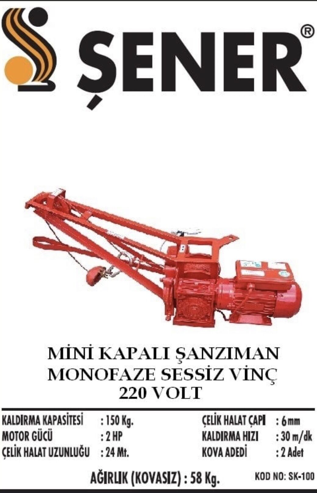 150 Kg. Sessiz İnşaat Vinci  220v - KOVASIZ